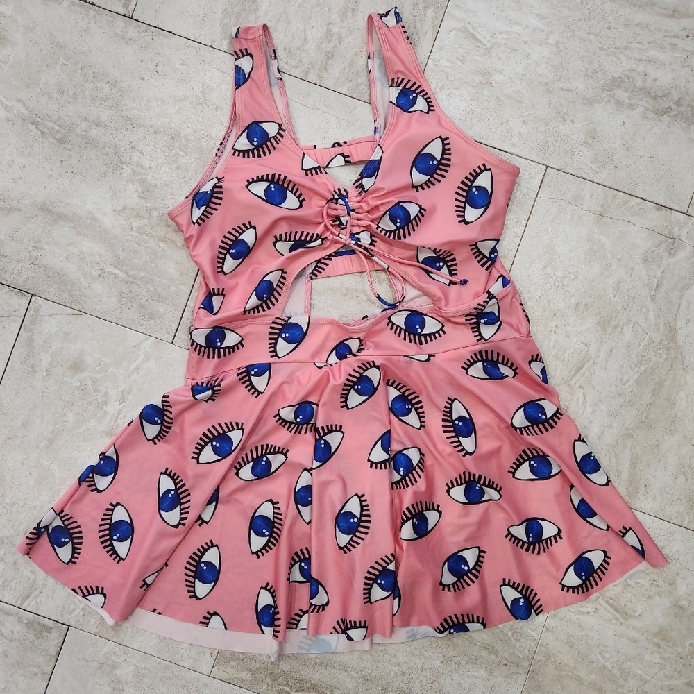 Pink Plus Size Swimsuit Dress with Eye Pattern